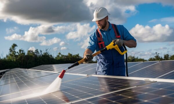 Solar panel cleaning service in progress for efficiency